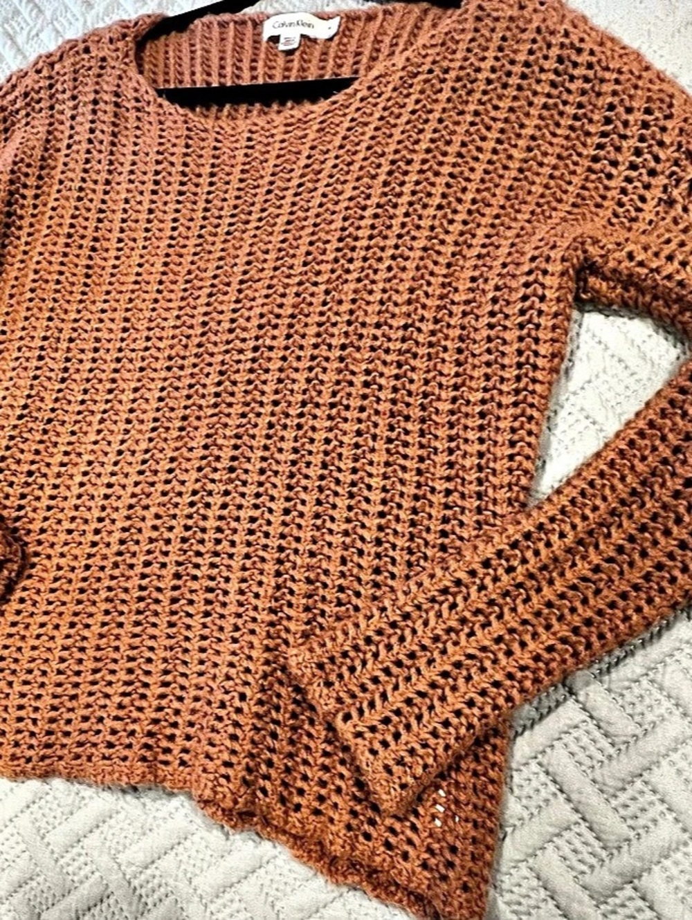 Calvin Klein Open Knit Crewneck Sweater Brown Medium Like New.
